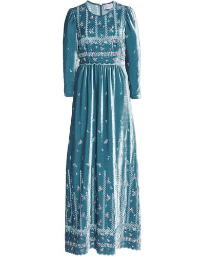 Luisa Beccaria Long Embroidered Velvet Dress - Blue