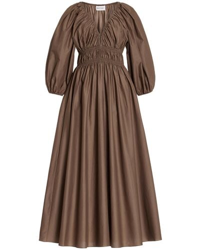 Matteau Shirred Puff-sleeve Organic Cotton Midi Dress - Brown