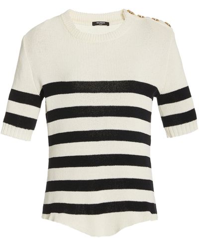 Balmain Striped Ribbed-knit Cotton-blend Top - Black