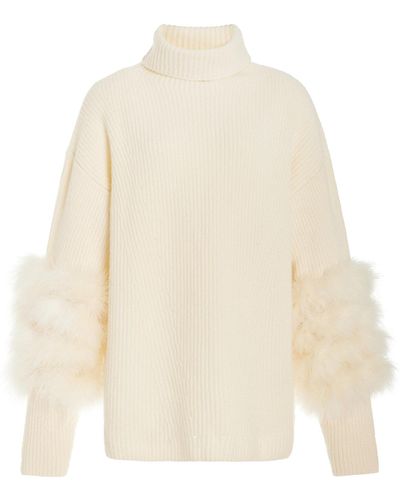 LAPOINTE Feather-trimmed Knit Silk-cashmere Turtleneck Jumper - Natural