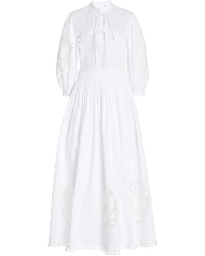 Oscar de la Renta Embroidered Pleated Cotton Poplin Maxi Dress - White