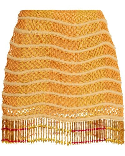 Markarian Passion Flower Beaded Cotton-macrame Skirt - Yellow