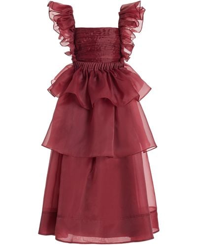 Aje. Asra Pleated Frill Midi Dress - Red