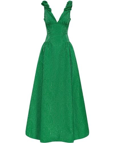Rachel Gilbert Celia Pleated Jacquard Gown - Green