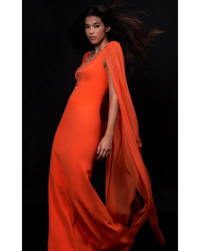 Jenny Packham Flame Lily Cape-detailed Gown - Orange