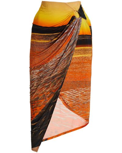 Louisa Ballou Exclusive Long Coastline Printed Jersey Sarong Midi Skirt - Orange