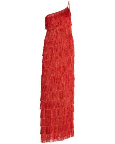 Francesca Miranda Exclusive One-shoulder Fringed Silk-blend Maxi Dress - Red