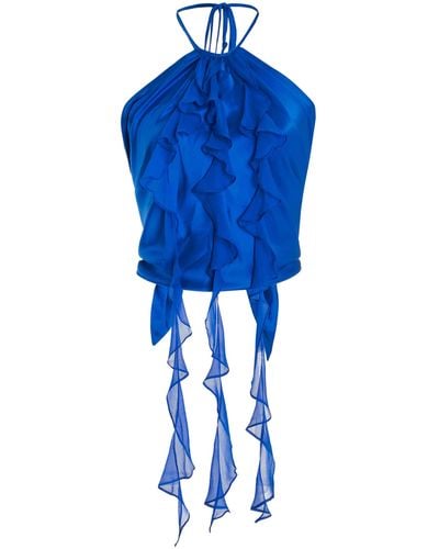 Francesca Miranda Exclusive Chorros Ruffled Silk Halter Top - Blue
