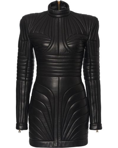 Balmain Strong Shoulder Quilted Leather Dress - Black