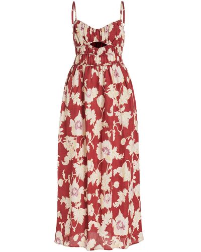 Posse Exclusive Hayley Smocked Floral Midi Dress - Red