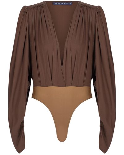Zeynep Arcay Envelope Draped Silk Bodysuit - Brown