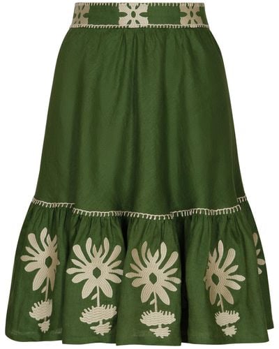 ANDRES OTALORA Mulata Embroidered Linen Midi Skirt - Green