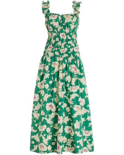 Posse Lorelei Smocked Floral Cotton Midi Dress - Green