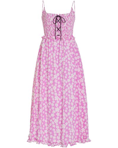 Miu Miu Bow-detailed Ruffled Floral Silk Midi Dress - Pink