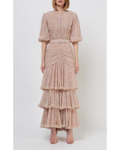 Costarellos Jeanisse Belted Chantilly Lace Tiered Dress - Multicolor