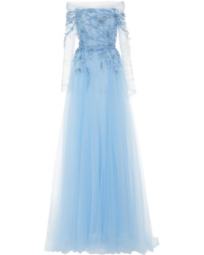 Pamella Roland Cold-shoulder Sequin-embroidered Tulle Dress - Blue