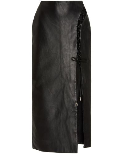 David Koma Lace-up Leather Midi Skirt - Black