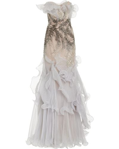 Marchesa Ruffled Crystal-embellished Tulle Gown - White