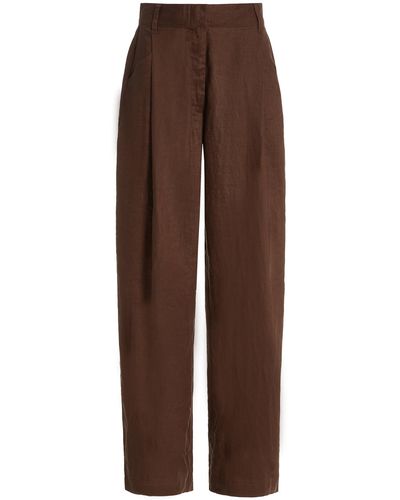 AEXAE Pleated Linen Straight-leg Pants - Brown