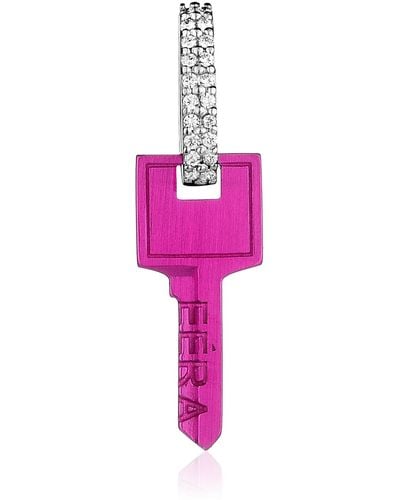 Eera Small Key Coated 18k White Gold Diamond Single Earring - Pink
