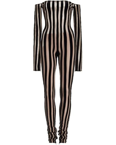 LAQUAN SMITH Striped Off-the-shoulder Velvet Catsuit - Black