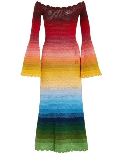 Oscar de la Renta Off-the-shoulder Striped Crocheted Cotton Midi Dress - Multicolour