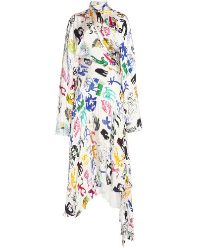 Balenciaga Asymmetric Printed Satin Tie-neck Maxi Dress - Multicolor