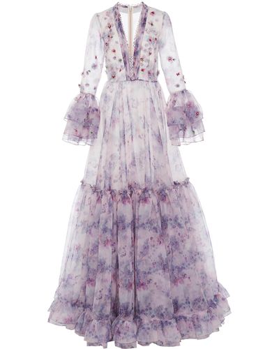 Costarellos Tiered Embellished Printed Organza Gown - Purple