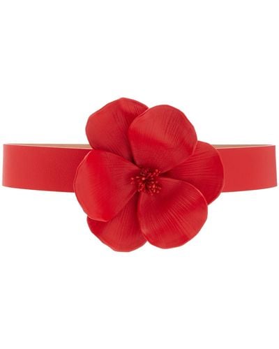 Carolina Herrera Large Flower Leather Buckle Belt - Red