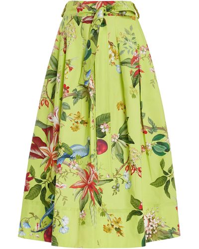Oscar de la Renta Exclusive Painted Poppies Cotton Poplin Midi Skirt - Green