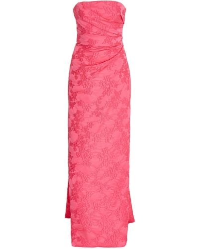Monique Lhuillier Draped Floral-embroidered Taffeta Strapless Gown - Pink
