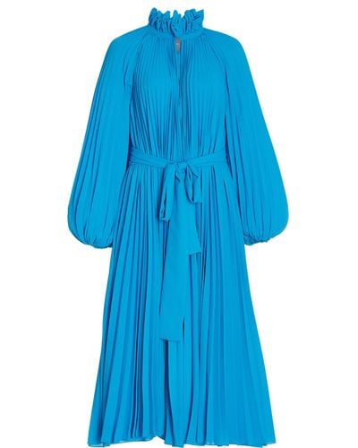 Monique Lhuillier Plissé Crepe High-neck Midi Dress - Blue