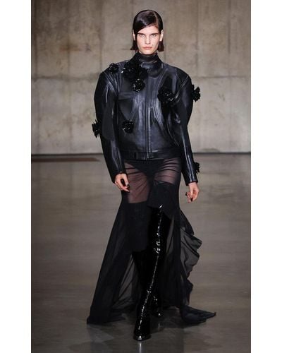 David Koma Floral-appliquéd Leather Moto Jacket - Black