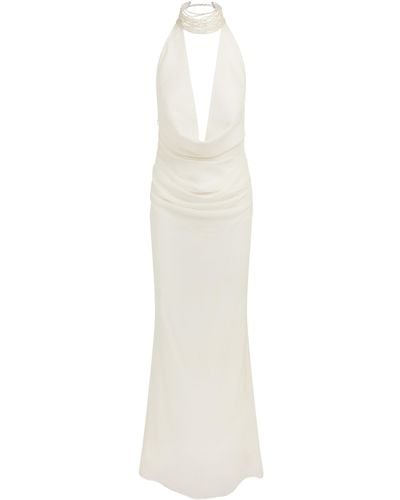 De La Vali Profiterole Draped Silk Maxi Dress - White