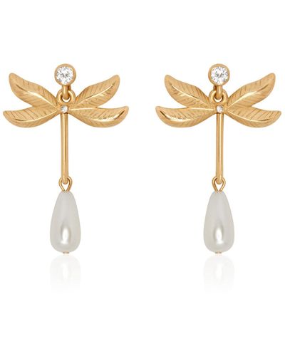 Oscar de la Renta Double Wing Dragonfly Pewter And Pearl Earrings - Metallic