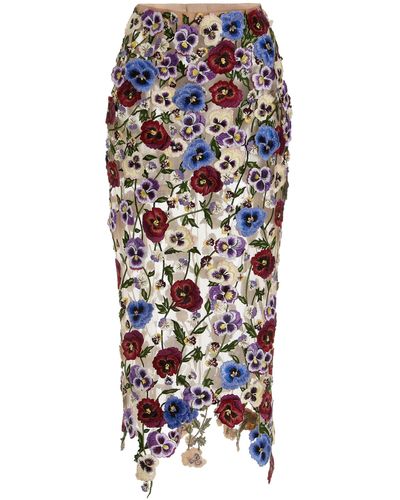 Oscar de la Renta Embroidered Pansy-appliquéd Tulle Midi Skirt - Multicolour
