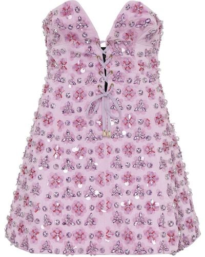 DES_PHEMMES Crystal-embellished Lace-up Cotton Mini Dress - Pink