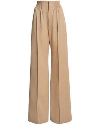 Chloé Shirred High-rise Wool Gabardine Wide-leg Trousers - Natural