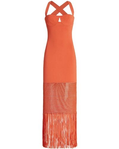 Galvan London Diana Fringed Macrame Midi Dress - Orange