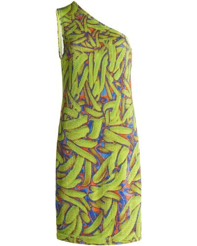Bottega Veneta One-shoulder Crinkled Banana-print Mini Dress - Green
