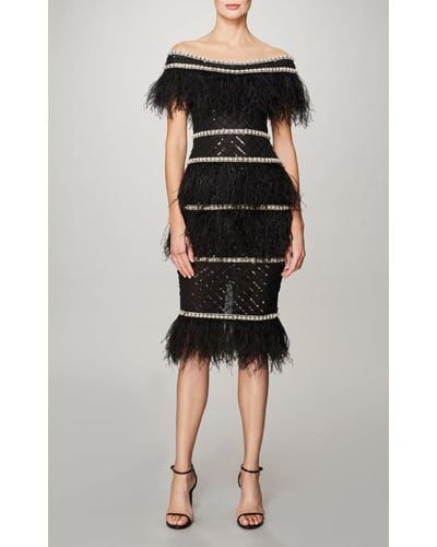 Pamella Roland Feather-trimmed Embroidered Tulle Midi Dress - Black