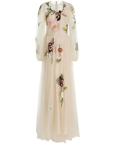 Monique Lhuillier Floral-embroidered Tulle Gown - Natural