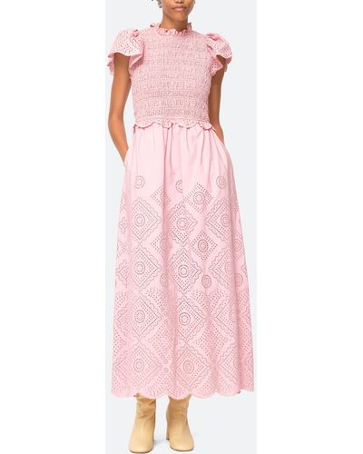 Sea Vienne Smocked Cotton Broderie Anglaise Maxi Dress - Pink