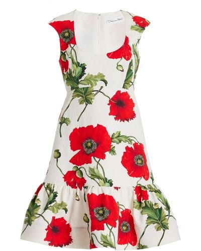 Oscar de la Renta Floral Cotton Cloque Mini Dress - Red