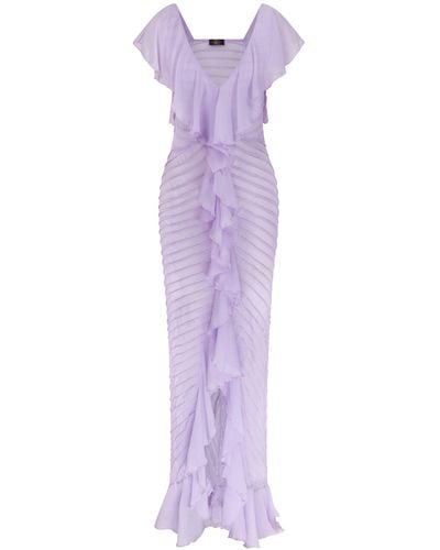 De La Vali Macaroon Ruffled Chiffon Maxi Dress - Purple