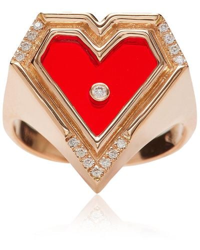 L'Atelier Nawbar Super Heart 18k Rose Gold Agate Diamond Ring - Red