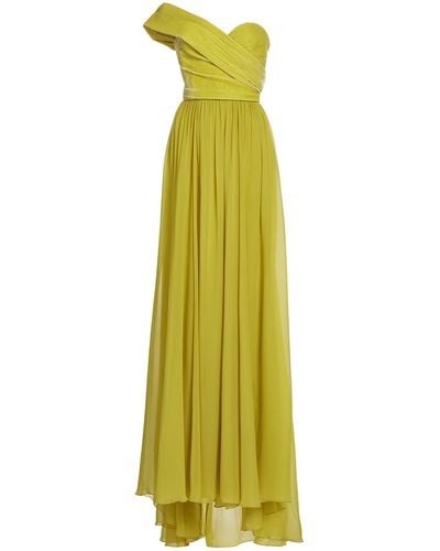 Elie Saab Asymmetric Silk And Velvet Gown - Yellow