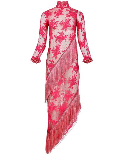 Francesca Miranda Bolero Fringed Floral Lace Dress - Red