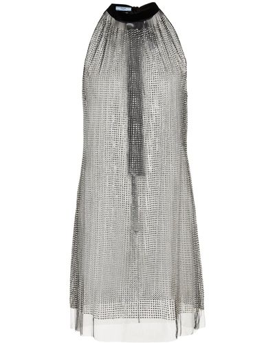 Prada Crystal-embellished Tulle Tie-neck Mini Dress - Metallic