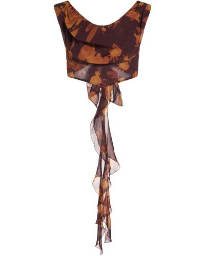 Alessandra Rich Draped Rose-printed Silk-georgette Top - Brown